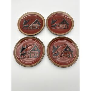 Clay Art - Lodge Plate Ceramic 7” Red And Black With Moose And Cabin Set Of 4